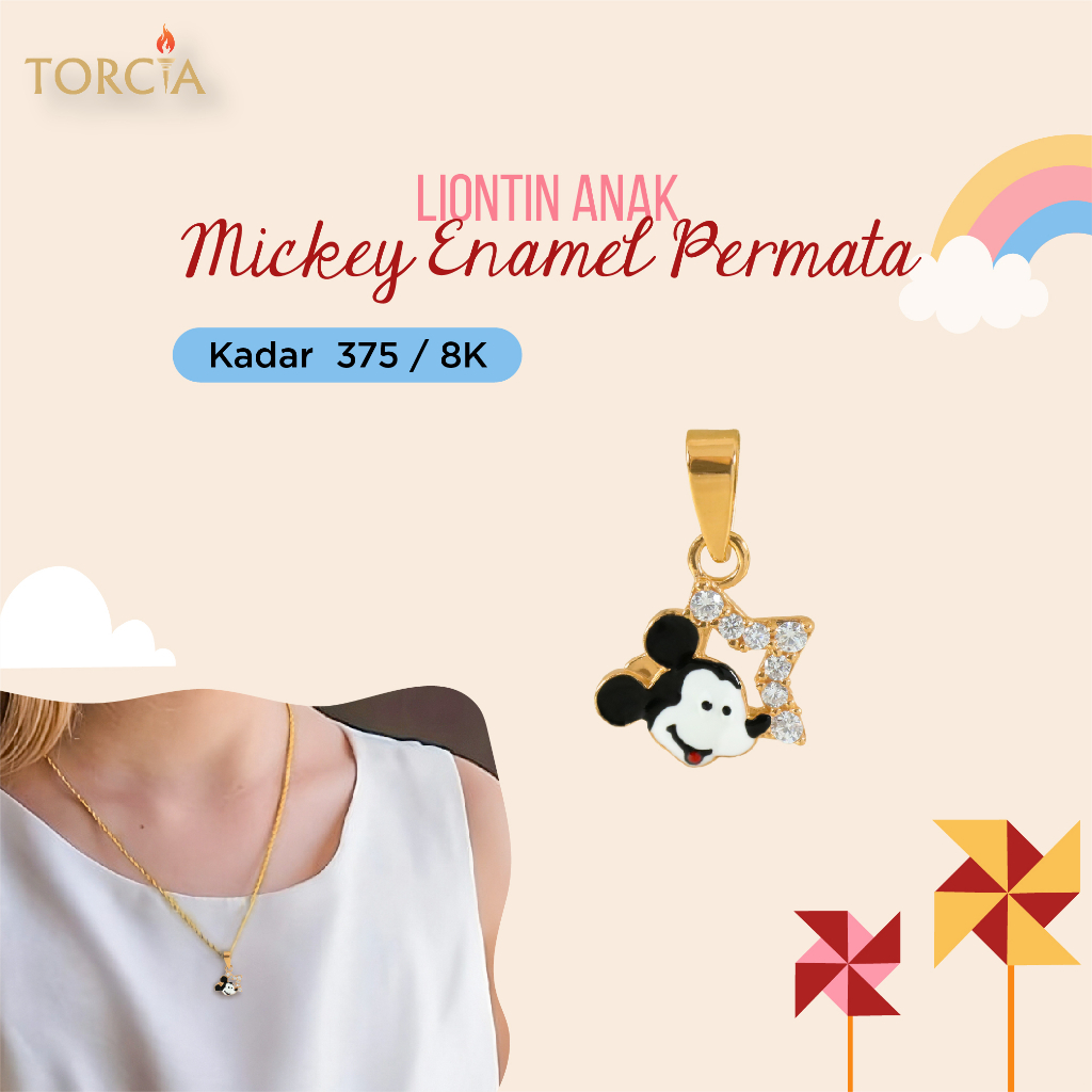 Liontin Anak Emas Asli Mickey Mouse Enamel Bintang Permata Kadar 375 Torcia
