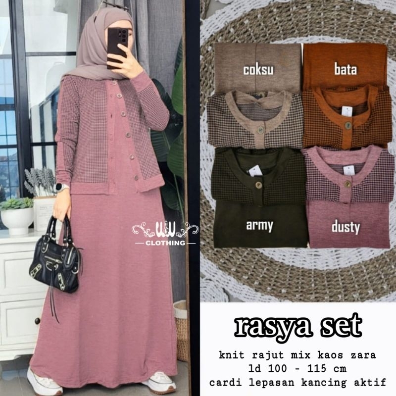 rasya setelan dress outer knit ori w&amp;w gamis rajut import gamis kaos cardigan knit one set murah dress knit cardigan zara cardigan kotak kotak baju setelan dress kekinian gamis jumbo ld 120 xl xxl blazer motif