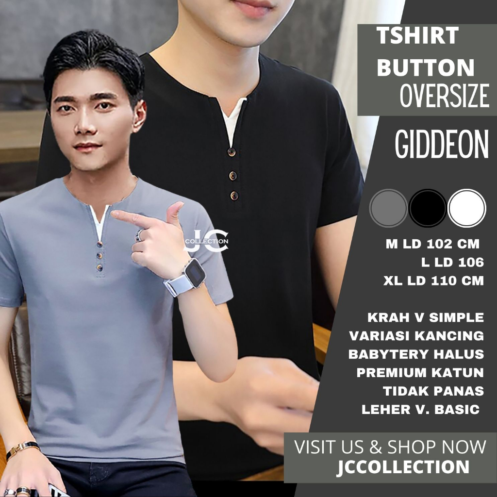 Tshirt Pria Oversize Kaos Lengan pendek Pria Gaya Korea variasi kancing Giddeon - JCCollections