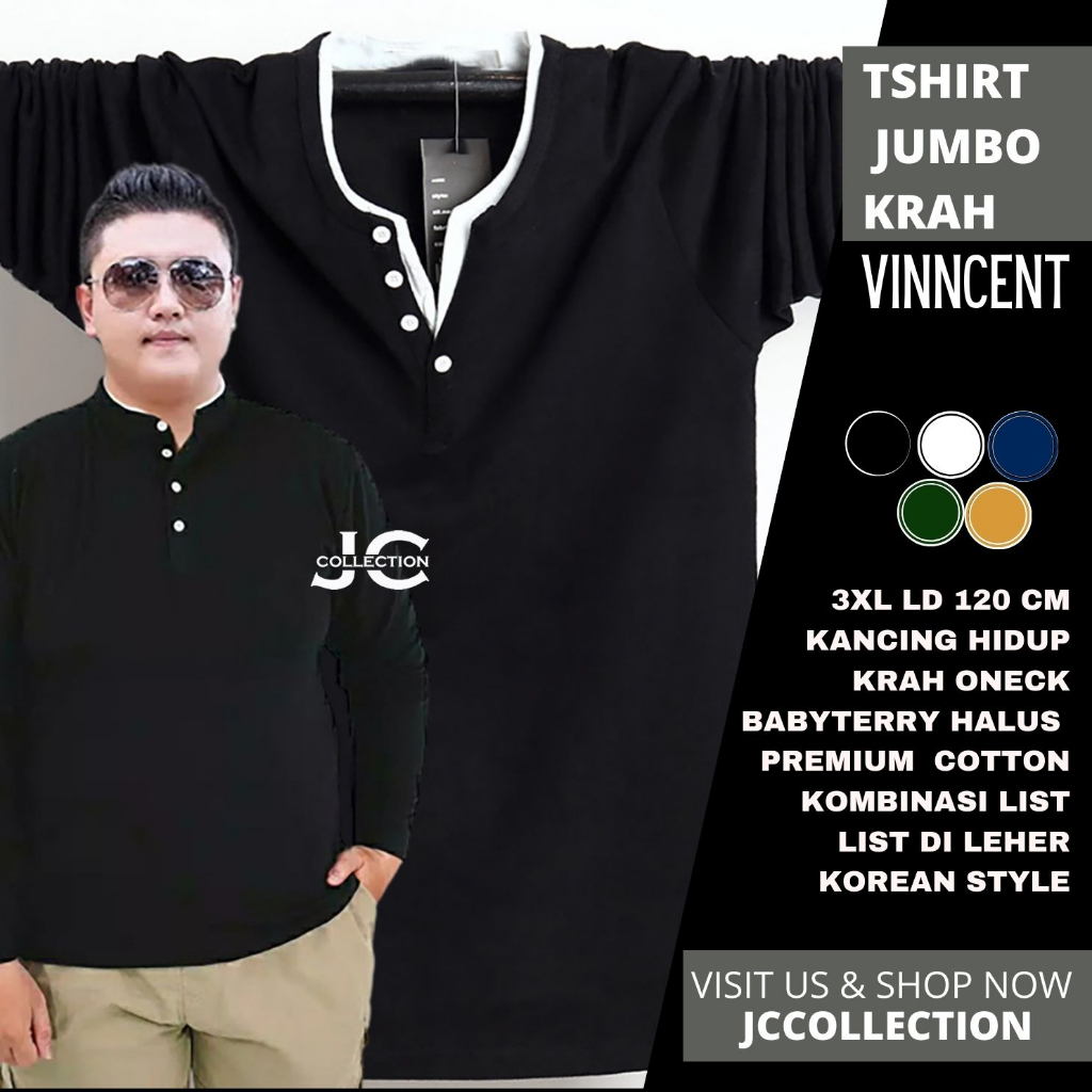 Tshirt Kaos Pria Jumbo 3XL / Kaos Lengan Panjang Pria Variasi Kancing Fincent / Kaos Jumbo Cowok 3XL - JCCollection