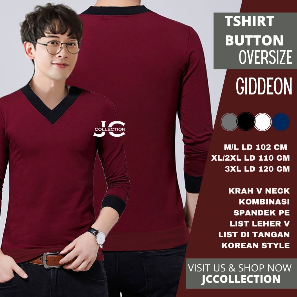 Kaos Pria Polos leher V Lengan Panjang Pria Gaya Korea Liyonell  / Tshirt Kaos Cowok V Neck JCCollections