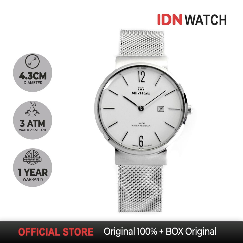 Jam Tangan Mirage Pria Rantai Pasir Stainless Steel Original 8624L Silver Dua Jarum