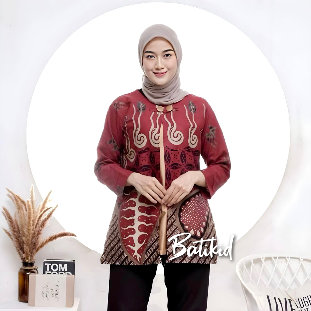 Batikid - Atasan Batik Wanita Kekinian - Blouse Bolero Kombinasi - Melody Maroon