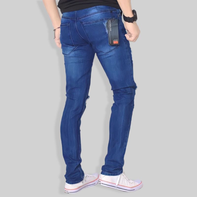 Celana Jeans Pria Sobek Lutut Panjang Slimfit Denim