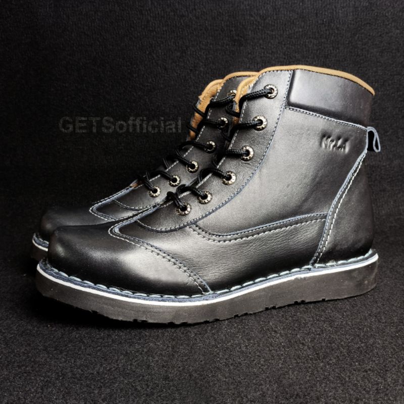 Sepatu Pria Boots Casual Kulit Asli Full Black Sepatu Cowok Keren Ready Jumbo Size 38-46 Warna Hitam Model terbaru Kekinian