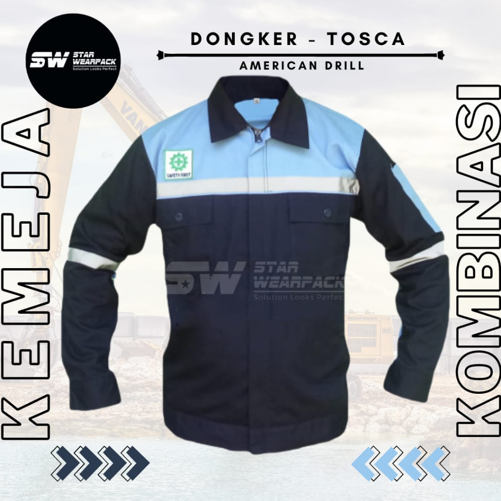 Star Wearpack - Kemeja Kerja Proyek Lengan Panjang Warna Dongker Kombinasi Biru Muda Tosca