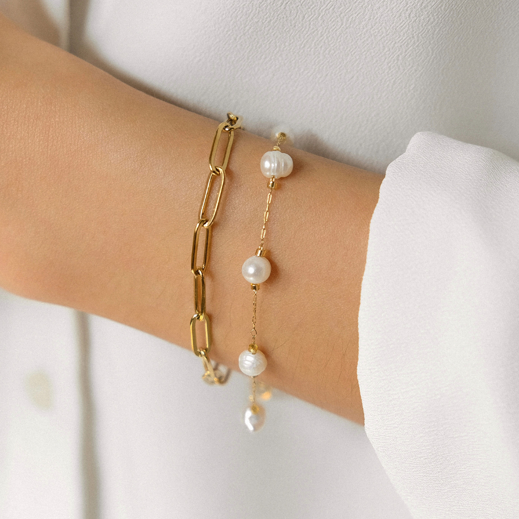 Freshwater Pearl Bold Link Chain Necklace Bracelet Set — Stainless Steel Kalung Gelang Mutiara Anti 
