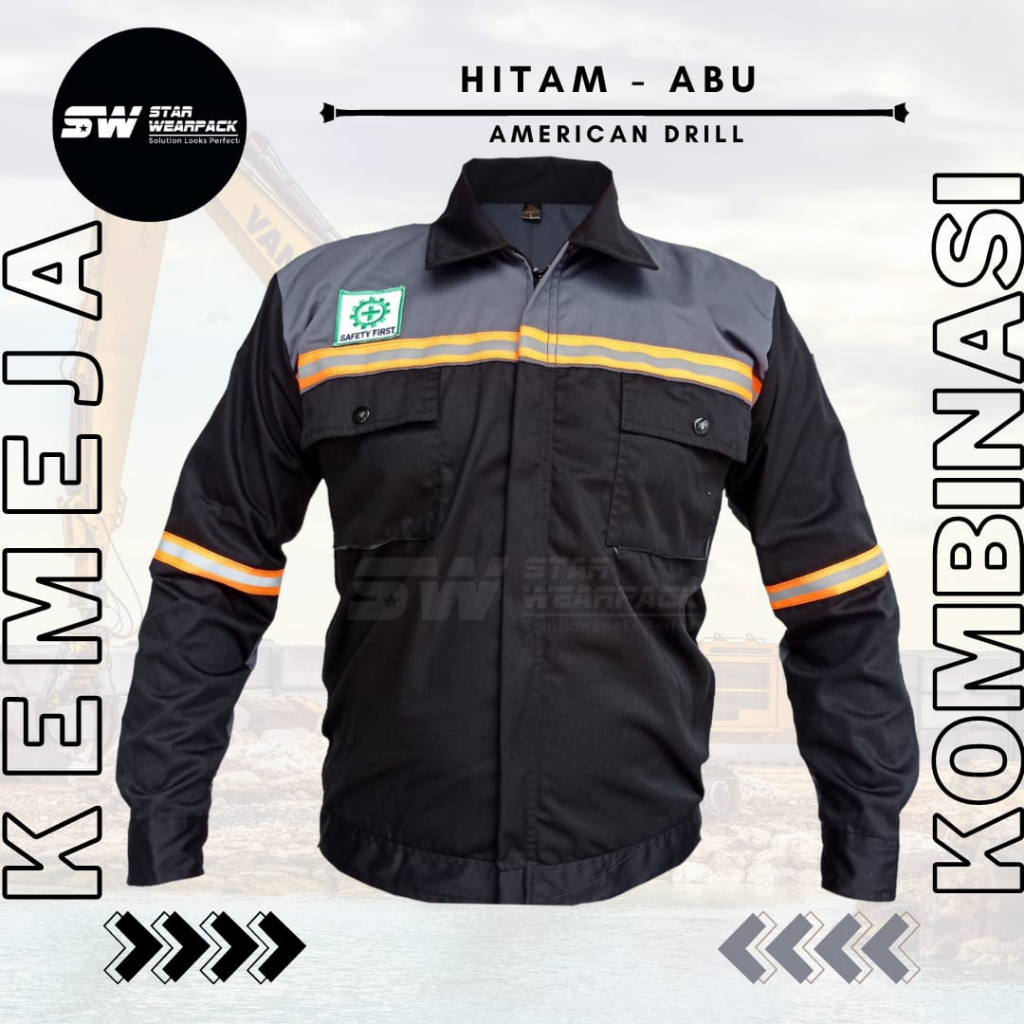 Star Wearpack - Baju Kerja Lapangan Wearpack Atasan Warna HItam Kombinasi Abu Free Logo K3 &amp; Bendera