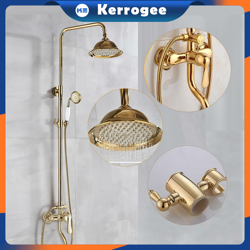 Kerrogee Kuningan Shower Kamar Mandi Set SUS 304 Shower Klasik Gold Tiang Panas Dingin 3 In 1 Shower Tiang High Quality Gold LZ