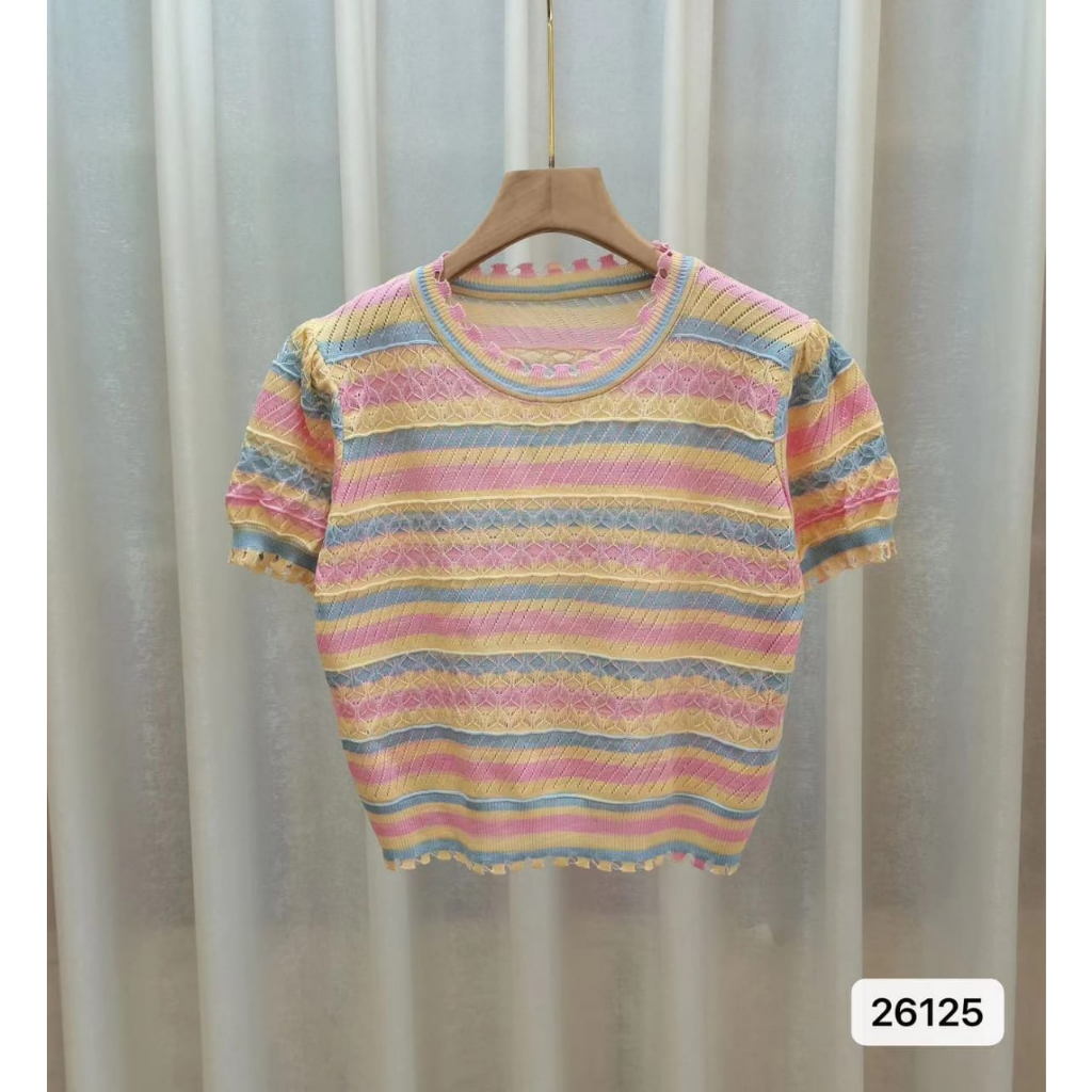 Fluffy Rainbow CropTop - Korean Knit - Atasan Wanita Rajut Import TM (26125)