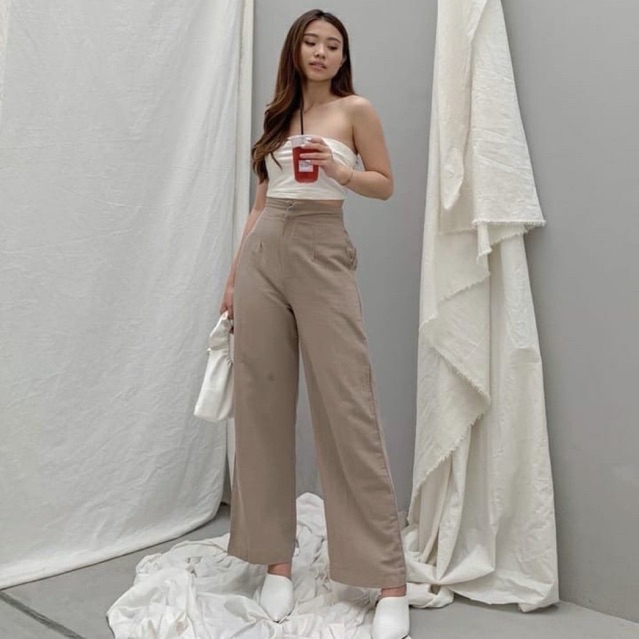 Meelissa Celana Kulot Linen Crinkle Highwaist Celana Kulot Loose Pants