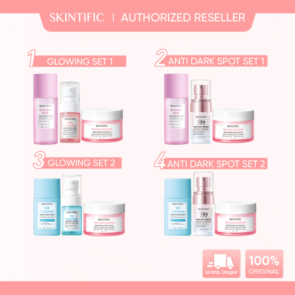 SKINTIFIC Paket 3PCS with Brightening Moisturizer Glowing Facial Moisture Gel Bundle Niacinamide Pelembab Wajah Whitening Krim Mencerahkan Ceramide Glycolic Acid Symwhite 377 / Anti Acne / Anti Dark Spot / Flek Hitam