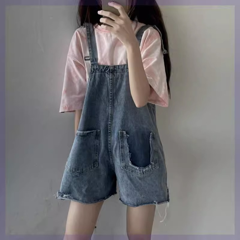 Jumpsuit Jeans Wanita Kasual Robek Korea Style Kekinian