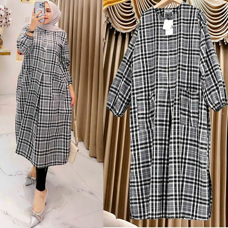 Siera Long Tunik, TUNIK JUMBO WANITA CANTIK MODIS FIT XXL LD 120 BAHAN KOTAK FLANEL PREMIUM ZIPPER BUSUI TERMURAH TERLARIS OOTD KEKINIAN