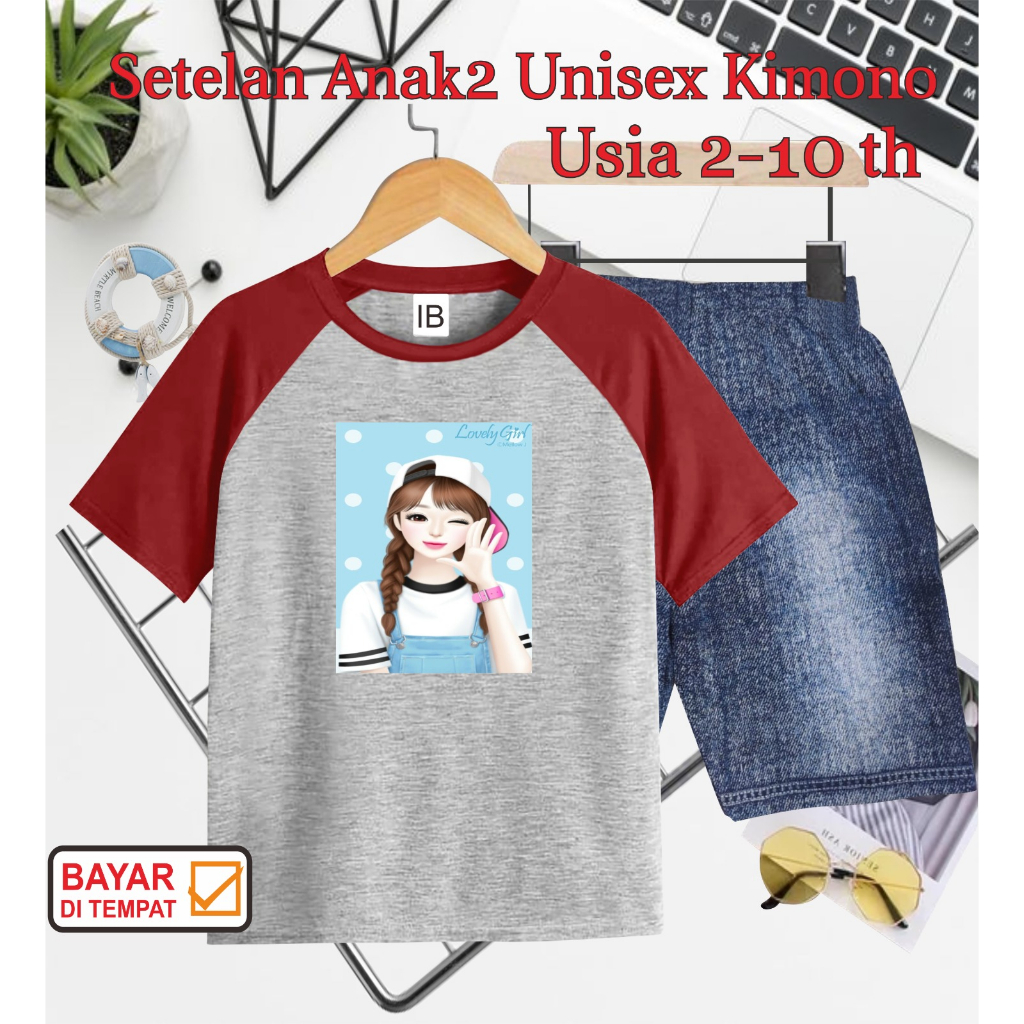 ((IB))SETELAN ANAK PEREMPUAN KIMONO SEMI JEANS/CEWEK TOPI DIGITAL SABLON