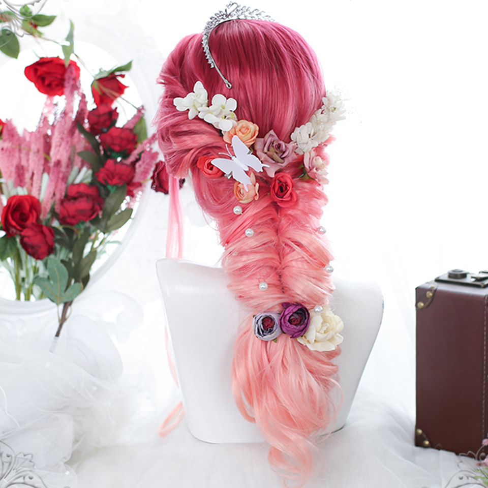 LOL-17 wig rambut palsu lolita cosplay harajuku daily kpop idol merah gradasi pink rose