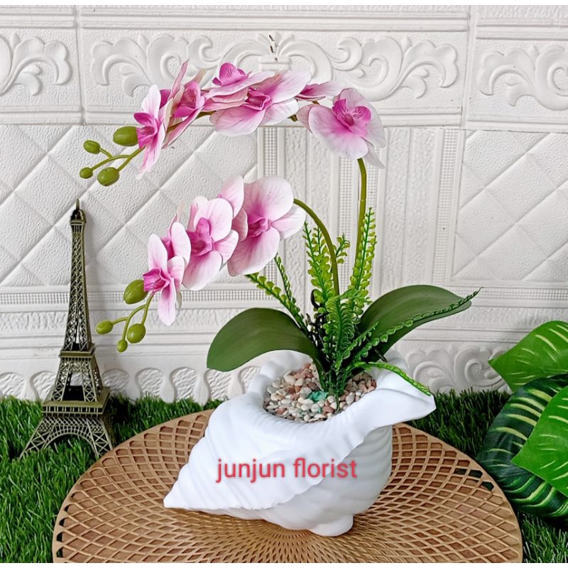 bunga anggrek latex vas kerang plastik