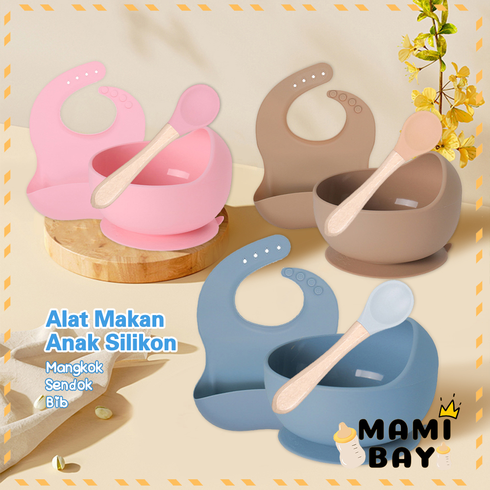 Mamibayi 3in1 Alat Makan Bayi Set Celemek Bayi Waterproof Dan Mangkuk+Sendok Baby Feeding Set