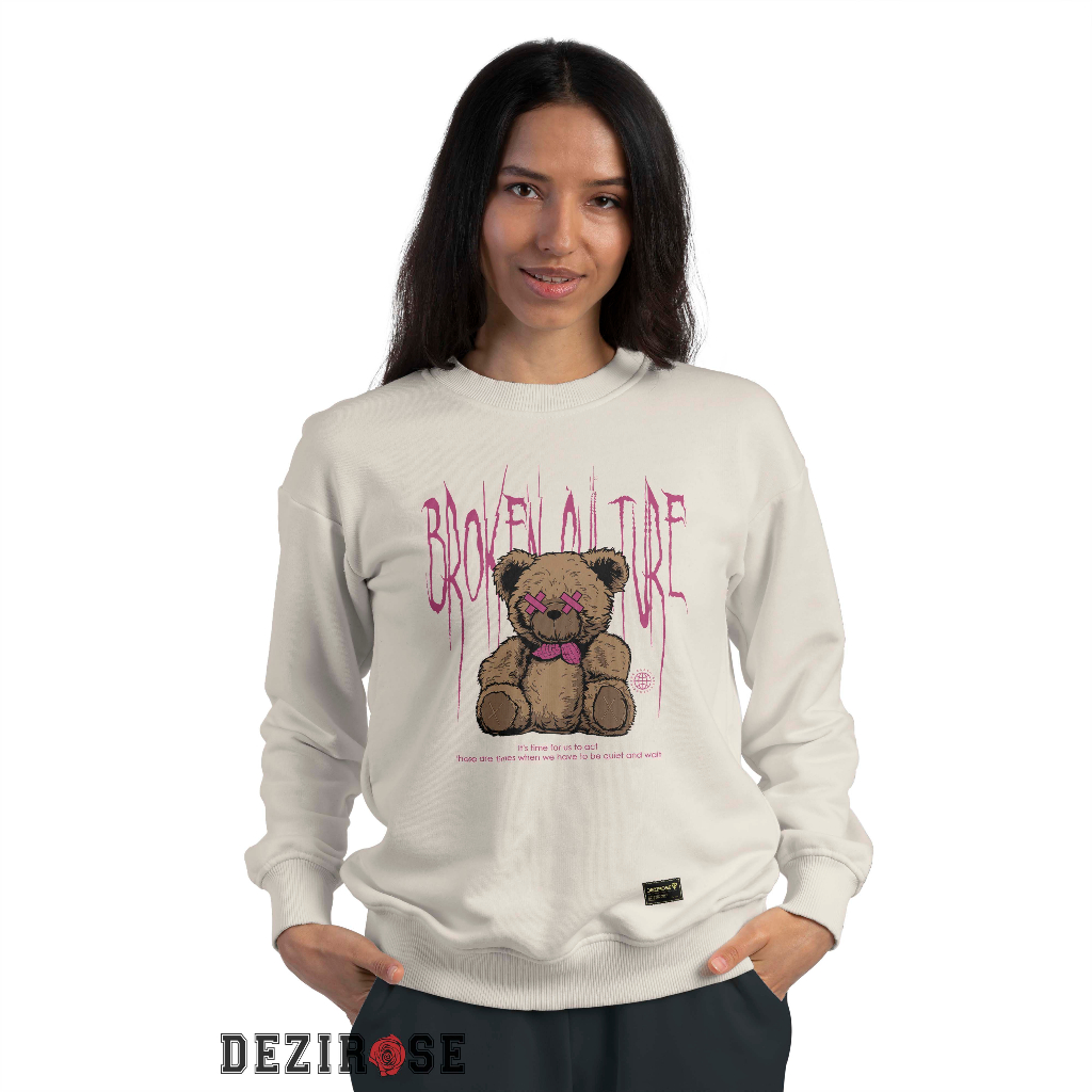 DEZIROSE - Switer Crewneck Bear Broken Culture - Sweater Wanita Korean Style Remaja Fleece Tebal Premium Size M-XXL