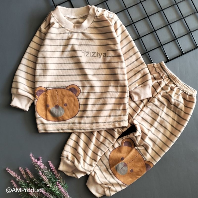 setelan piyama bayi 3-12 bulan motif garis bear