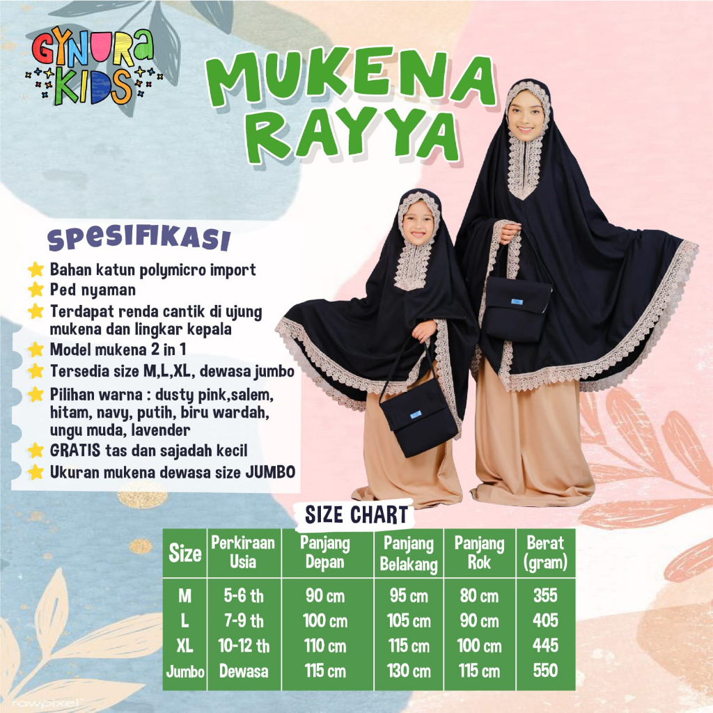 Mukena Rayya by Gynura Kids / Mukena Anak dan Dewasa / Mukena 2 in 1 / Mukena Katun / Mukena Couple