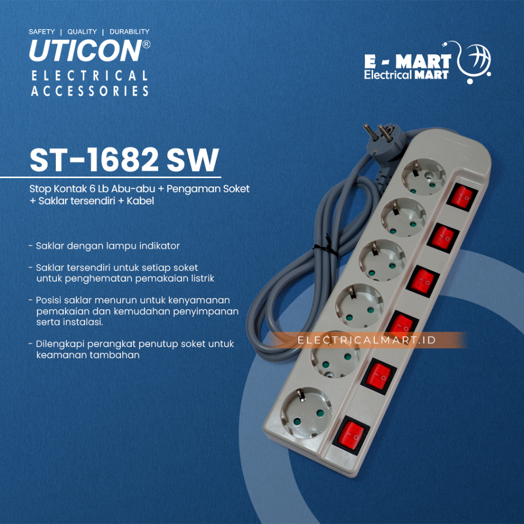 Stop Kontak + Proteksi Anak + lampu masing2 UTICON / Stop Kontak Kabel ON OFF UTICON ORI FULL 1.5M