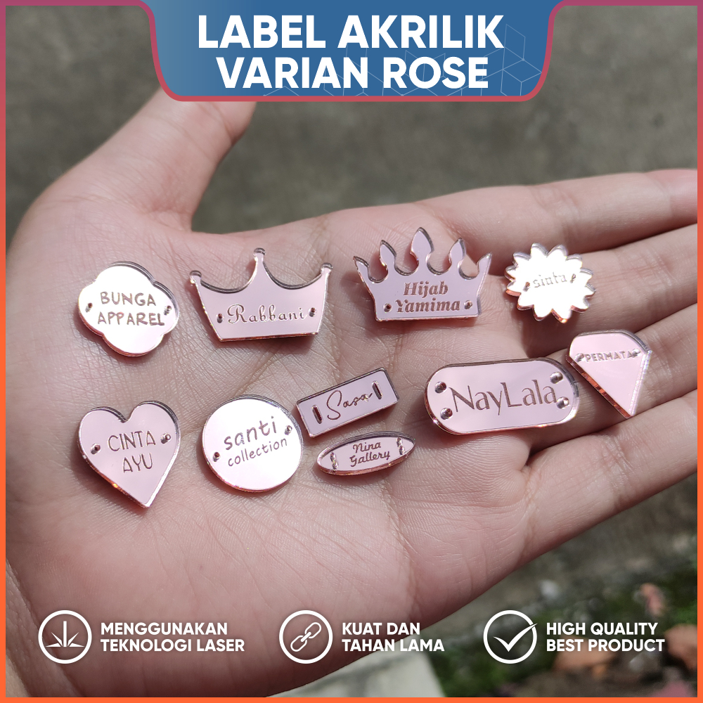 [ TERMURAH ] LABEL Akrilik ROSE GOLD CUSTOM untuk Rebranding Hijab / Kerudung / Baju / Gamis / Abaya / Dress Maxy Scarf Acrylic Jilbab Mirror Produk Branding Merk Lebel Grosir Hang Tag Grafir Laser Cutting Clothing