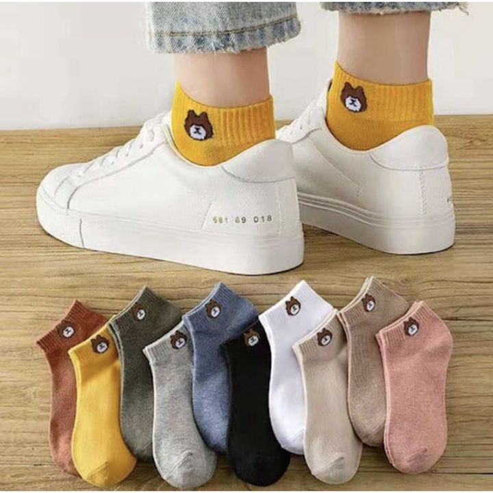 [ GROSIR ] 10pasang Kaos Kaki Wanita / Kaos Kaki Motif Beruang / Kaos Kaki Pendek Semata Kaki / Ankle Socks Korean Model Simple Cute Socks Brown Wanita Pria Import Murah