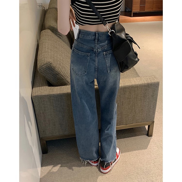 Celana Wanita Kekinian Korean Style Denim Straight High Waist Jeans Longgar Pinggang Pants Wanita