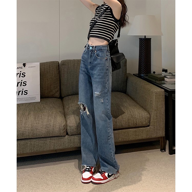 Celana Wanita Kekinian Korean Style Denim Straight High Waist Jeans Longgar Pinggang Pants Wanita