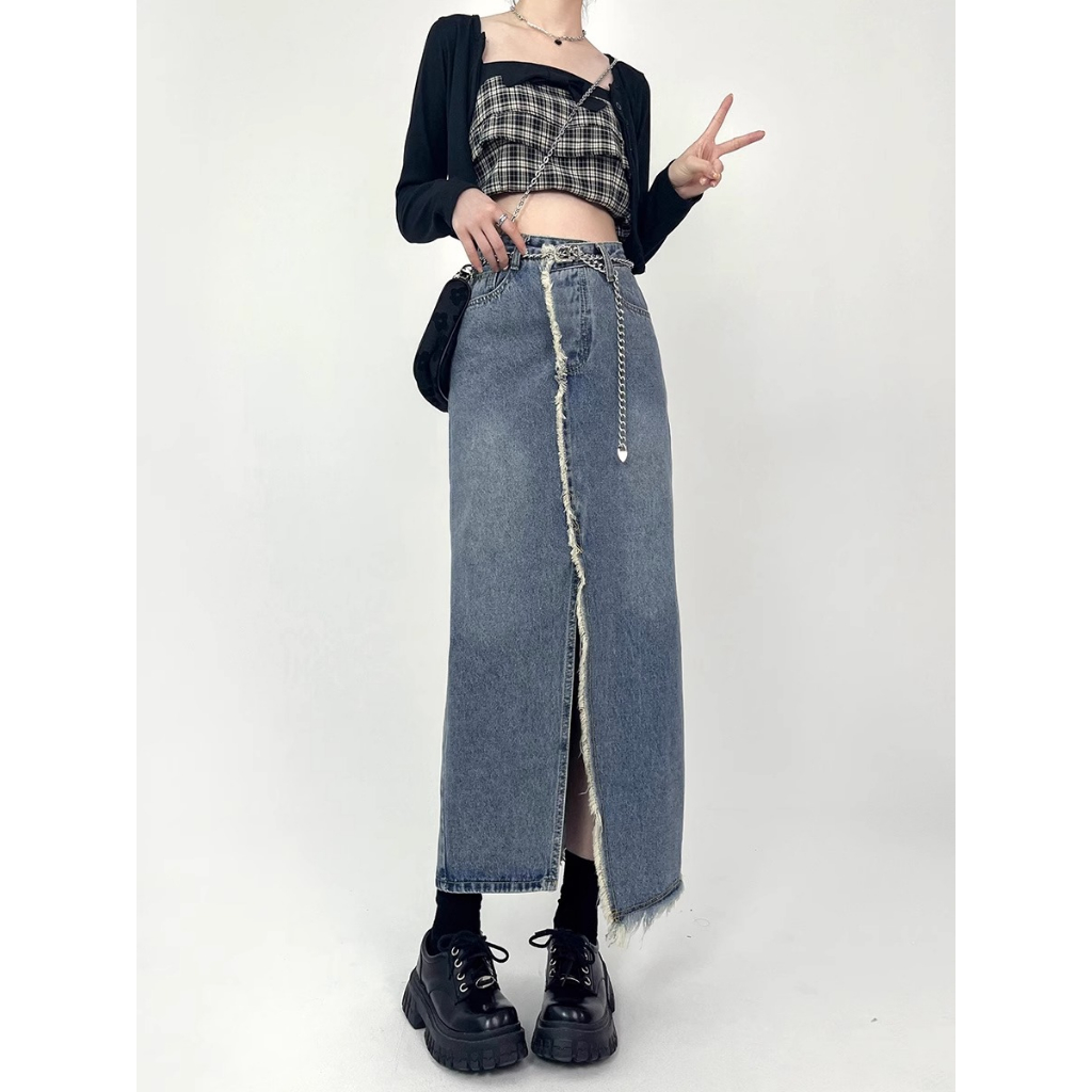 Rok Belahan Denim Raw Edge Retro Untuk Wanita Korea