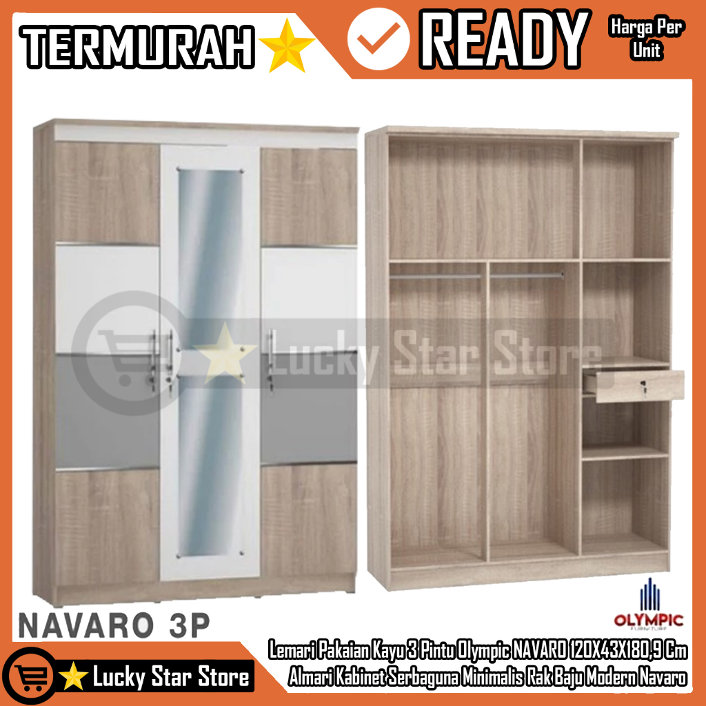 [Kargo] Lemari Pakaian Kayu 3 Pintu Olympic LITE NAVARO Baju Wadrobe 120x43x180,9 cm Kabinet Serbagu