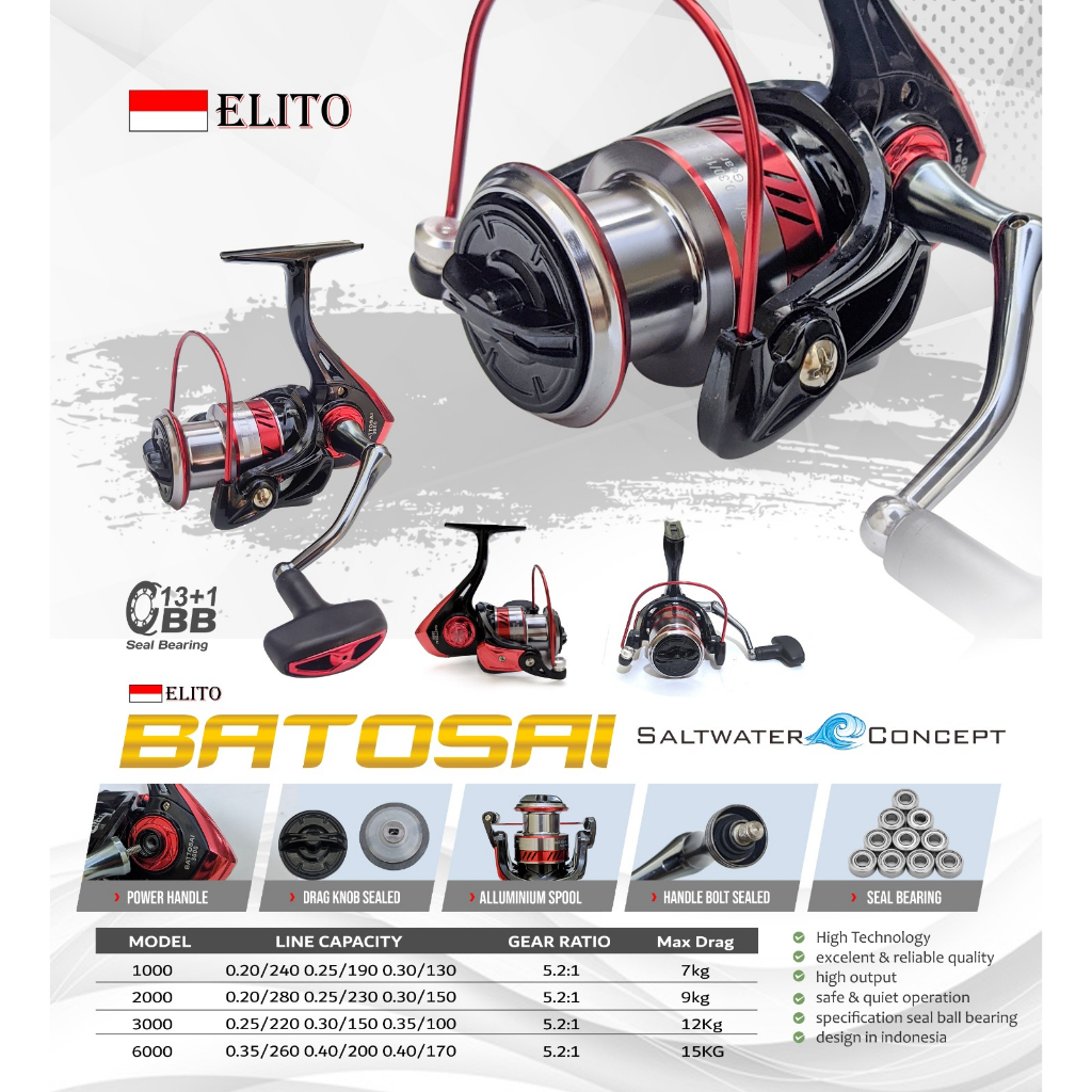 Reel Pancing Elito Battosai 1000 - 7000 (13+1 Seal Bearing) Salt Water Power Handle - Engkus Fishing