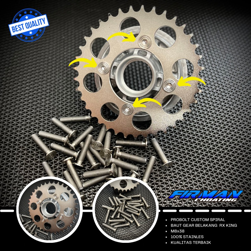 BAUT CUSTOM PROBOLT SPIRAL GEAR BELAKANG RX KING RXS 4 Biji M8x38 DRAT 12 3,8CM STENLIS ANTI KARAT (Harga/4biji)