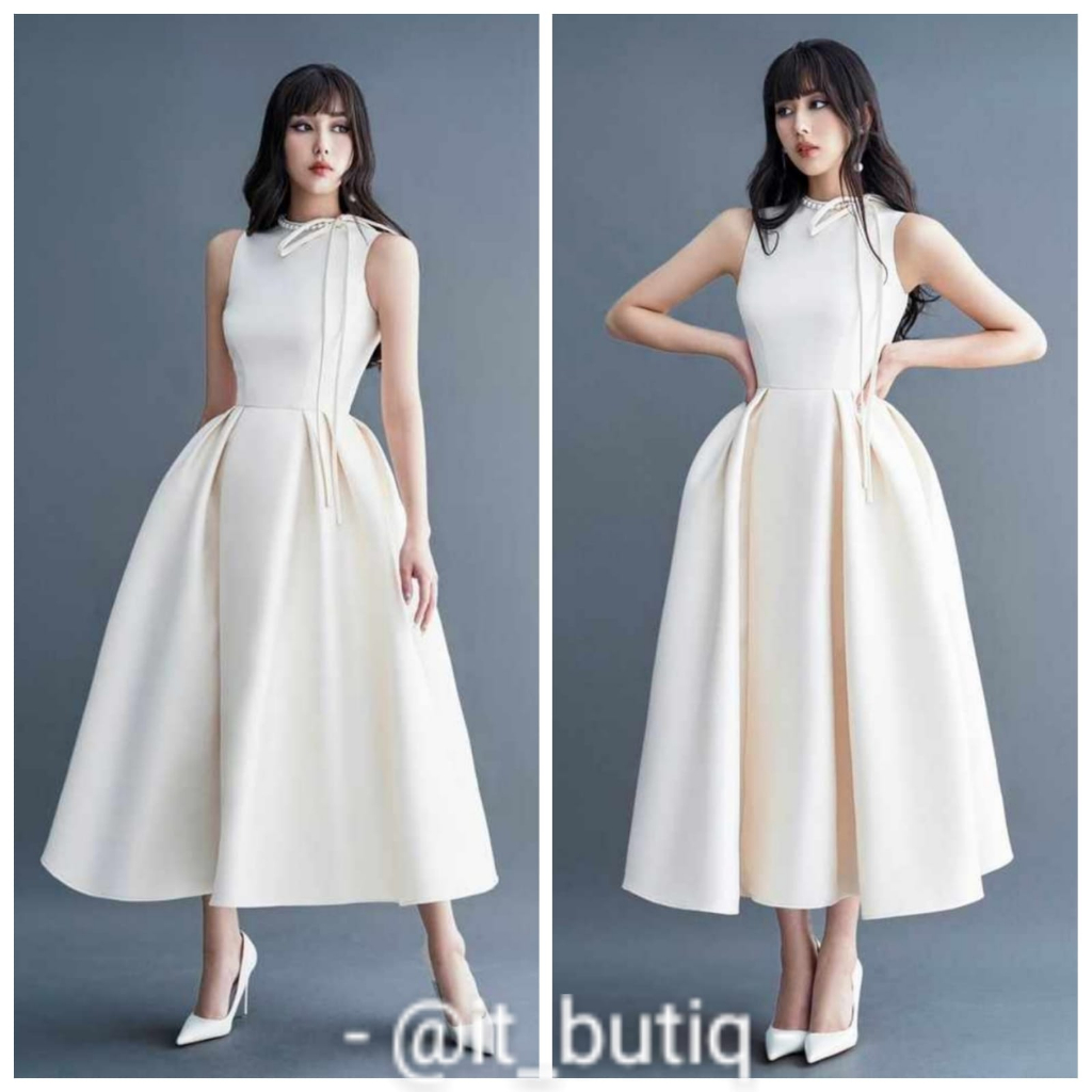Dress midi Val*ntino pearl putih midi dress premium fashion import ws05