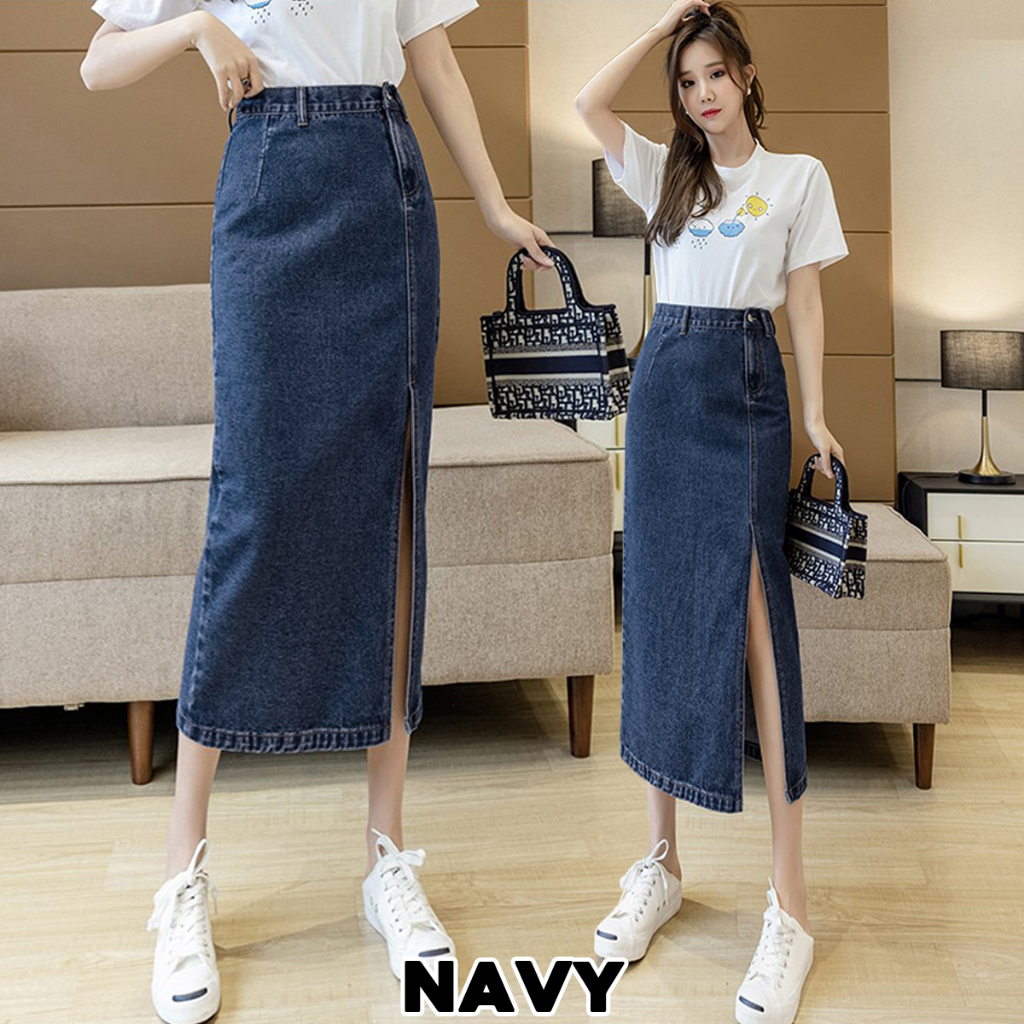 KARAKOREA 6323 Slit Denim Skirt/Maxi Skirt/Rok Jeans/Rok jeans wanita/Rok Jeans Korea/Rok wanita