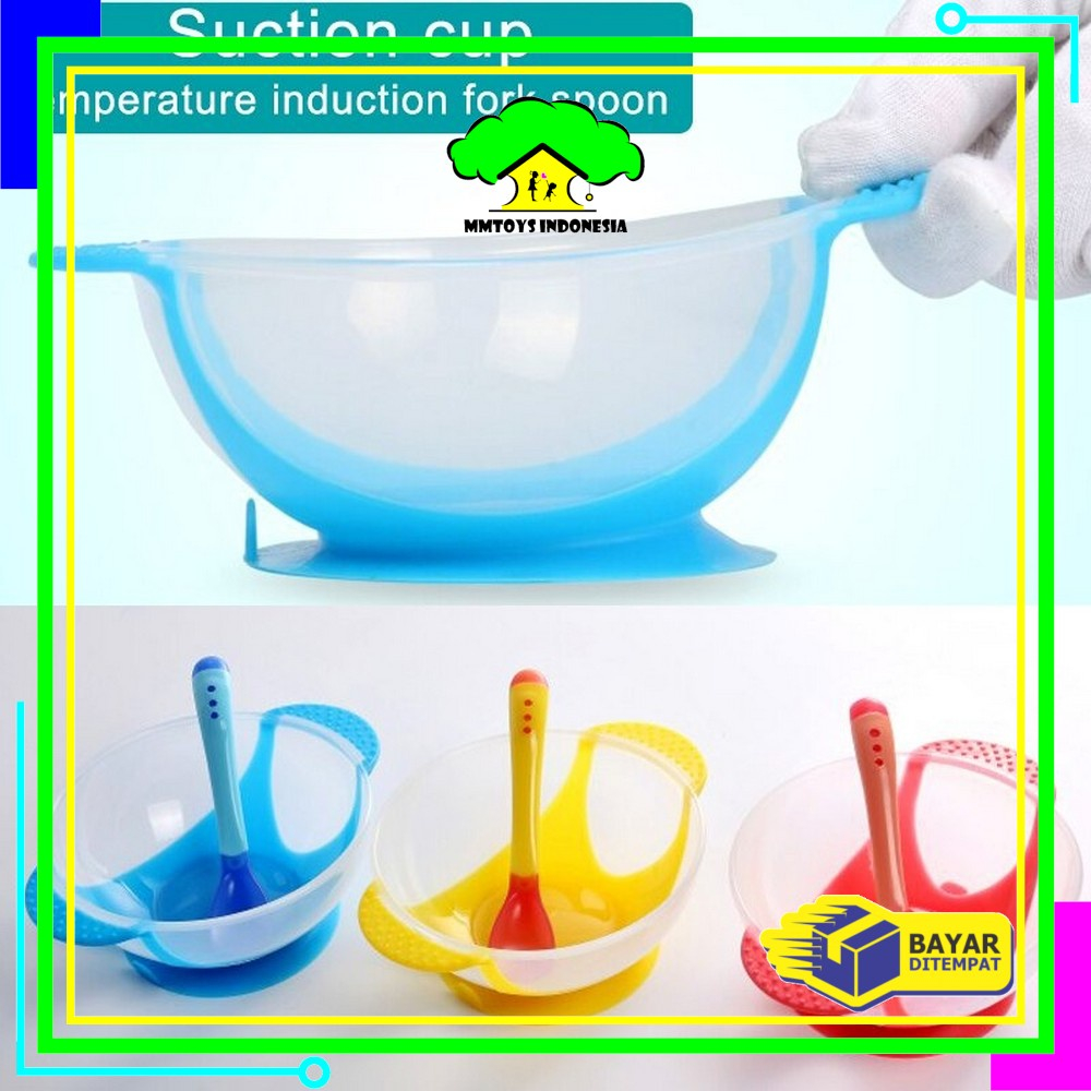 JT - Mangkok + Sendok + Tutup Mangkok Makan Bayi Sensor Panas Mangkuk Tempat Makan Bayi Anti Tumpah Suction Bowl Anti Slip