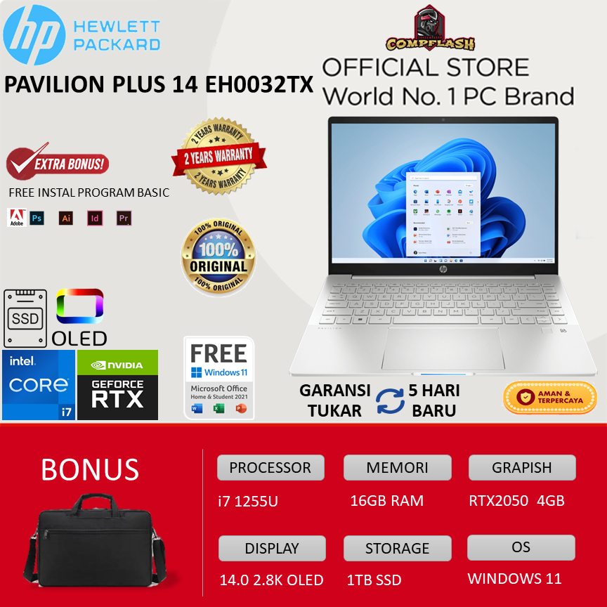 LAPTOP HP PAVILION PLUS 14 EH0032TX i7 1255U 16GB 1TB SSD RTX2050 4GB WINDOWS 11 14.0 2.8K OLED 90HZ