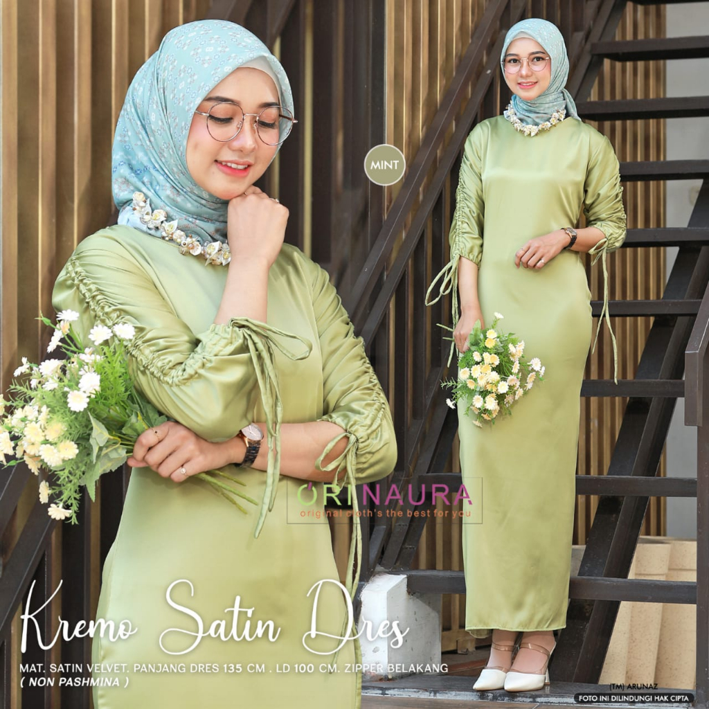 Krema Satin Dress Gamis Muslim Ziper Belakang Original Produk By Orinaura