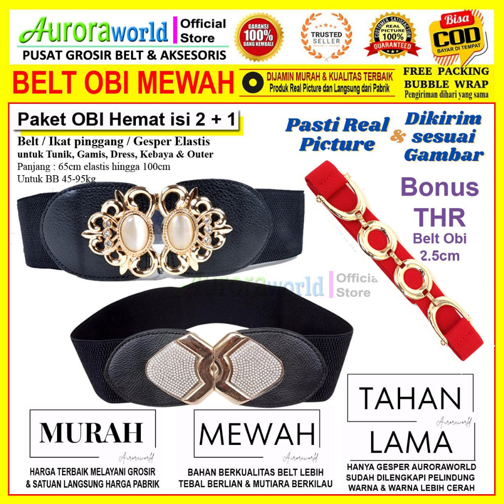 Auroraworld PAKET USAHA ikat pinggang wanita belt elastis wanita obi belt karet gesper kebaya sabuk mewah korea untuk dress tunik gamis