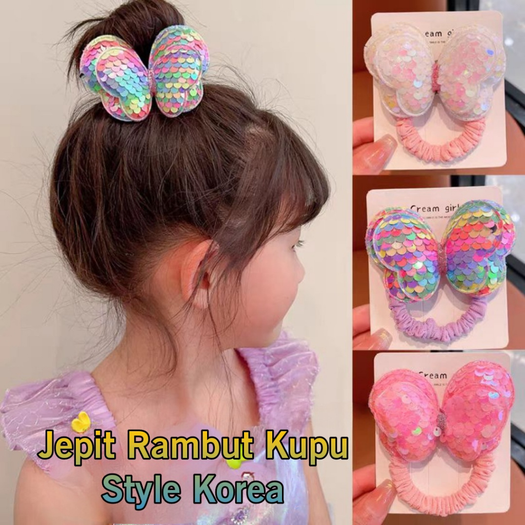 (Hello Girl)F242 Jepit Dan Ikat Rambut Anak Pita Kupu Manik Manik Kilau Gaya Korea Import