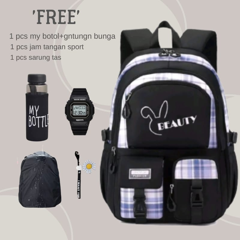 COD Tas Ransel Anak Perempuan Free Botol Minum Mantel Tas Jam Tangan Sport Plus Gantungan Bunga Tas Ransel SMP/SMA Terbaru Beauty Kapasitas Besar