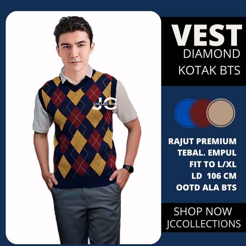 Vest Rajut Premium Sido Import / Knit Vest Vneck Rompi Rajut Diamond Taehyung Mocca / Rompi Kotak Rajut JCCollections