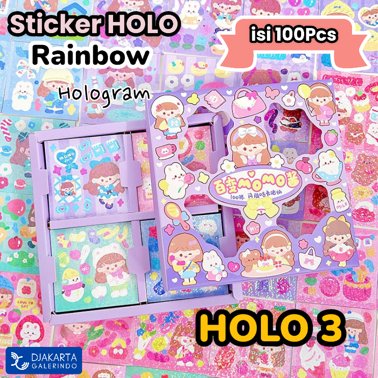 Sticker MOMO Hologram Glitter Rainbow Mix Warna Original waterproof Stiker Kartun Korea Anti Air Original isi 100pcs