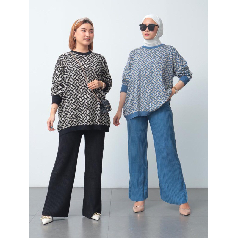 ONESET KNIT NANCY SETELAN KNIT RAJUT HITAM BIRU IMPORT MOTIF OVERSIZE JUMBO BIG SIZE XXL