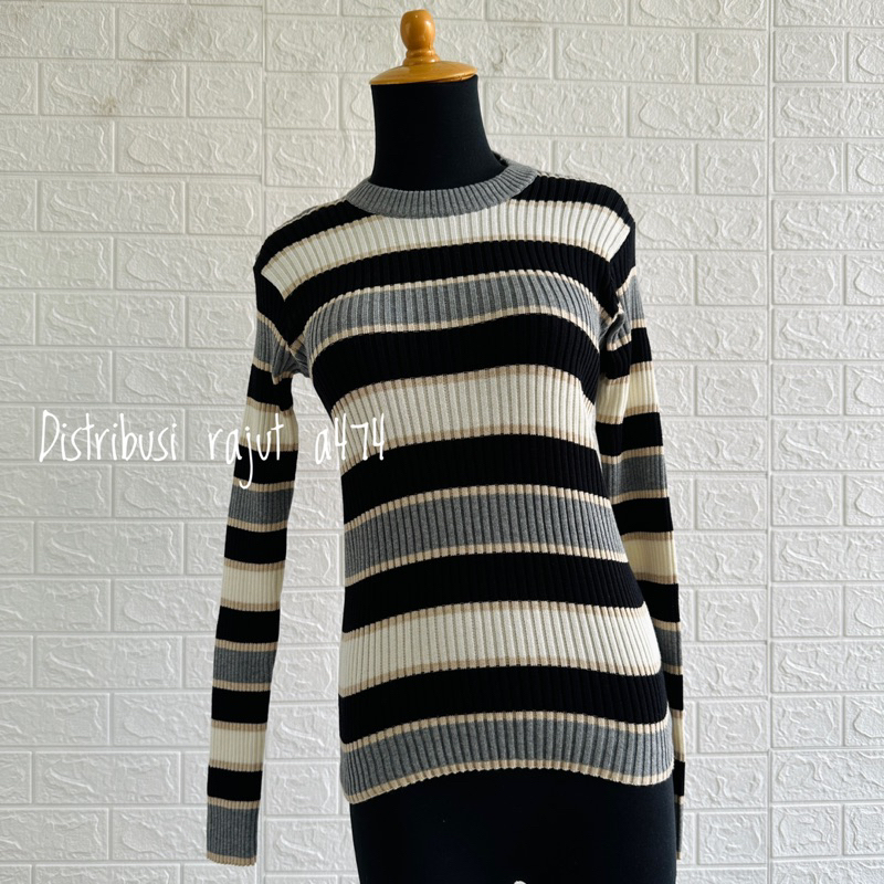 INNER KNIT COTTON SWETER RAJUT STRIPE WANITA