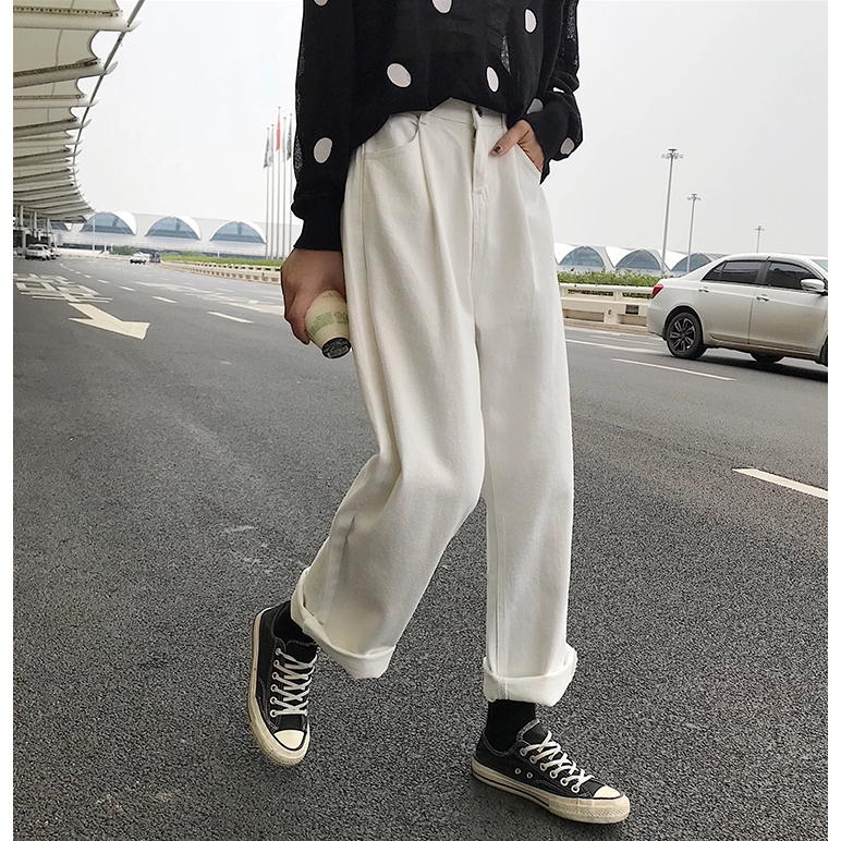 XIAOZHAINV Korean Style Celana Jeans Wanita Panjang/ Straight High Waist Pants Putih 0792