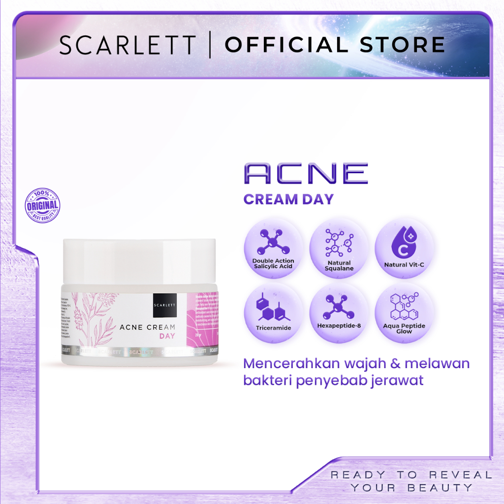 Scarlett Whitening Acne Day Cream - Krim Pagi Penghilang &amp; Perawatan Jerawat Ampuh Atasi Hingga Bekasnya with Double Action Salicylic Acid tanpa Bikin Kulit Iritasi