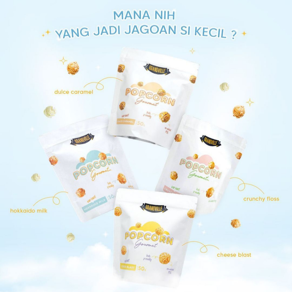 GRANDVILLE Popcorn Gourmet Rasa Crunchy Floss Hokkaido Milk Susu Cheese Keju Blast Dulce Caramel Karamel 50gr / Cemilan Snack Sehat Anak