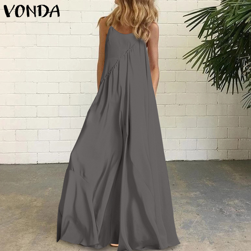 Women Loose Sleeveless Strap Vintage Maxi Dress